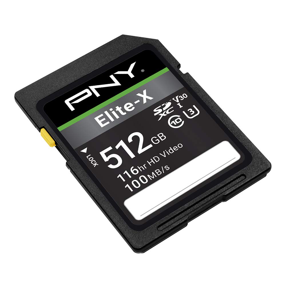 PNY 512GB Elite-X Class 10 U3 V30 SDXC Flash Memory Card - 100MB/s, Class 10, U3, V30, 4K UHD, Full HD, UHS-I, Full Size SD (Pack of 1)