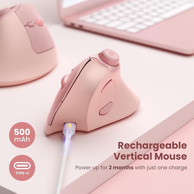 seenda Ergonomic Mouse Rechargeable, USB+Dual Bluetooth, MOU-302 Vertical Wireless Mouse with Volume Knob, Quiet Clicks, Multi-Device Cordless Mice Compatible for Windows, PC, Laptop, Mac OS, Pink