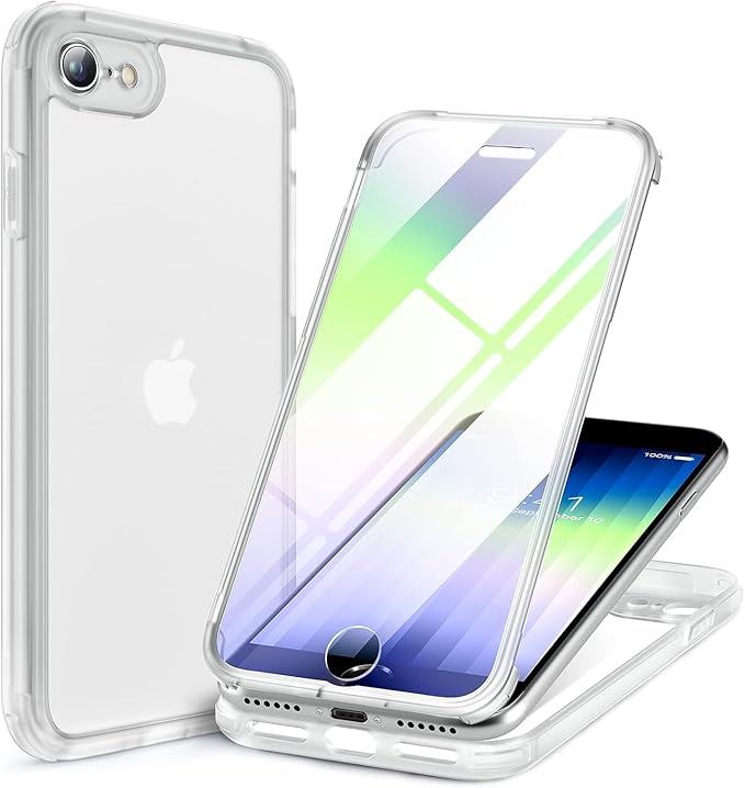 Miracase for iPhone SE Phone Case 3rd/2nd Generation 2022 2020 Full-Body with Built-in Glass Screen Protector, Heavy Duty 360° Protective Shockproof Bumper Cover for iPhone 8/SE, Matte Clear