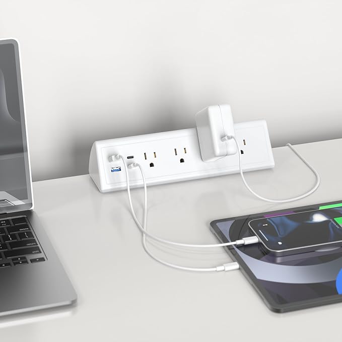 Jgstkcity Desk Clamp Power Strip,20W Fast Charging Station,Surge Protector Nightstand Edge Mount,1875W Extension Cord with Multiple Outlets,2 USB-C,2 USB-A,for Home Office (White, 10 FT)