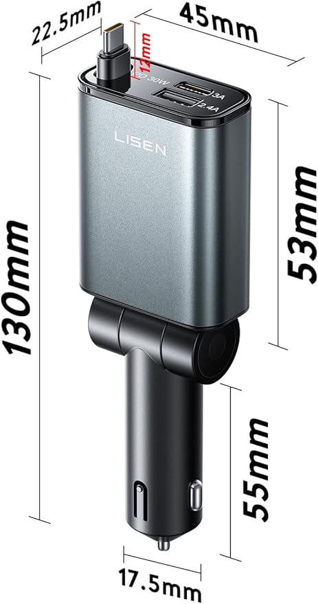 LISEN iPhone 16/15 Car Charger USB C Fast Charging Retractable,【60% Less Space,Mini】 57W Fast iPhone 16/15 USBC Type C Charger for 17 iPhone 16 15 Pro Max Plus，Samsung Galaxy S25/24 Z，Android