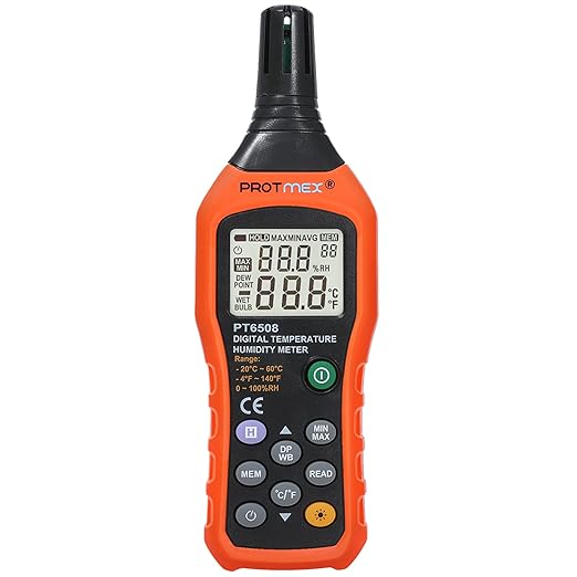 Protmex PT6508 Temperature Humidity Meter, Digital Thermometer Hygrometer Monitor with Ambient, Dew Point, Wet Bulb for Indoor/Outdoor MIN, MAX, Data Hold, LCD Backlight
