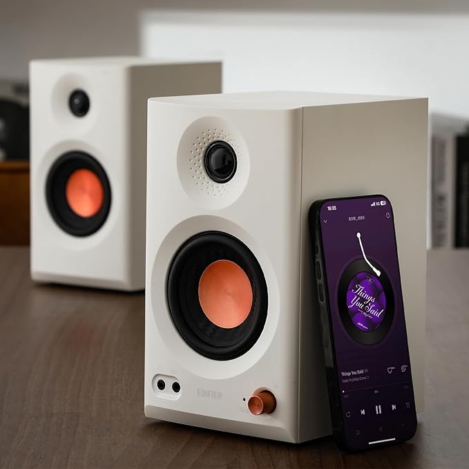 Edifier MR3 Powered Studio Monitor Speakers, Hi-Res Audio Certified Bluetooth V5.4 Active Bookshelf Loudspeakers, 2.0 Computer Speaker with Headphone Output RCA AUX Balanced TRS Input (White)