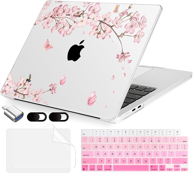 Compatible with MacBook Air 15 inch Case, M4 A3241/M3 A3114/M2 A2941 (Released 2025 to 2023), Hard Shell, Keyboard Cover, Screen Protector, Webcam Cover & Type-C Adapter, Butterflies Sakura