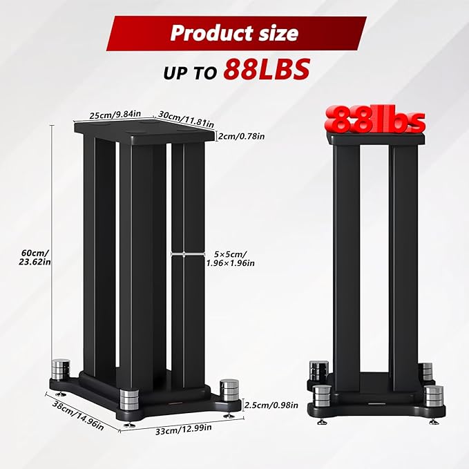 A Pair of Universal Speaker Stands, Heavy Duty Speaker Stands Holds Bookshelf Speaker Satellite Speaker Large Speaker, Vibration-Absorbing MDF Design, Holds 88lbs Speaker (Black, 60cm/23.6in)