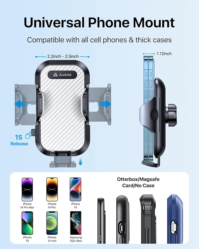 andobil Car Phone Mount - Military Sturdy, Firmly Grip & Never Slip, Ultra Stable, Easy Used, Compatible with iPhone 16 Pro Max, 16, 15, 14, 13, 12 Android Samsung S24 S23, Silver Car Vent Accessories