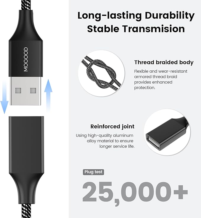 Durable USB A Male to 2 Female Extension Cord - Nylon Braided, Fast Data Transfer, Compatible with Printer, Keyboard, Flash Drive, Hard Drive, PlayStation