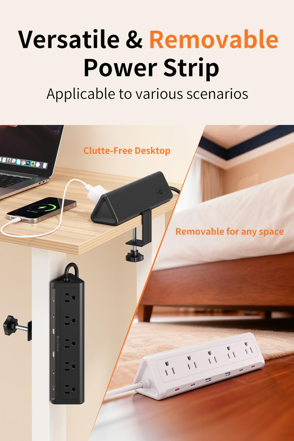 6.5 FT Desk Clamp Power Strip with 5 AC Outlets & 6 USB Ports PD 40W USB-C Fast Charging, Extension Cord with Multiple Outlets, Fits 2.1 in top Edge Black