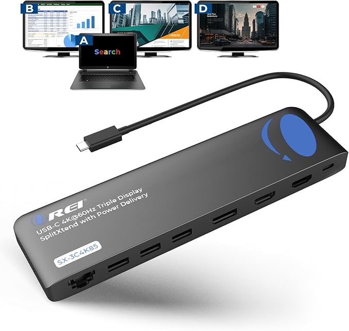 OREI USB-C Triple Monitor Docking Station Splitter – USB-C to 2× HDMI & 1× DisplayPort Adapter, 100W PD, Gigabit Ethernet, 4× USB2.0/3.0, microSD Reader – Windows & Mac Compatible