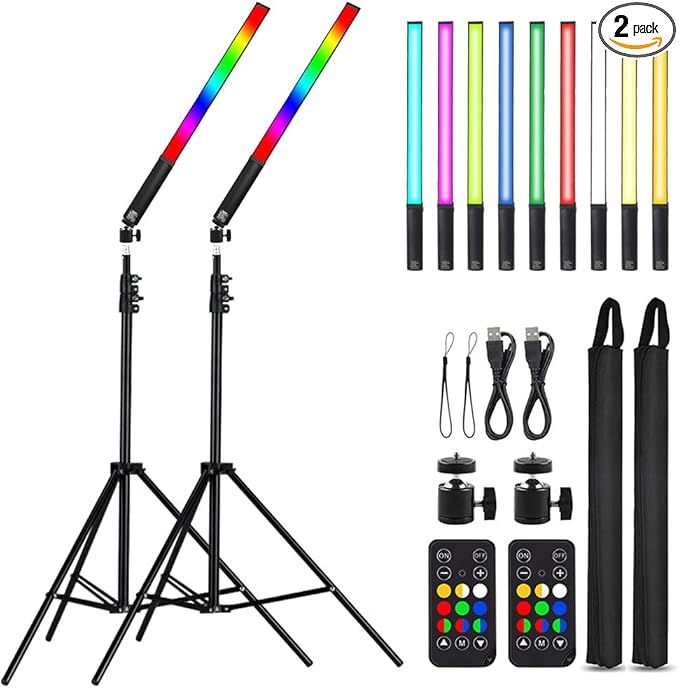 LED Light Sticks RGB Light Wand, Photography Light Stick LED Video Lighting Kit 9 Color Modes, with 26.2" to 78.7" Tripods, Adjustable 3200K-5600K, Pack of 2 [Upgraded]
