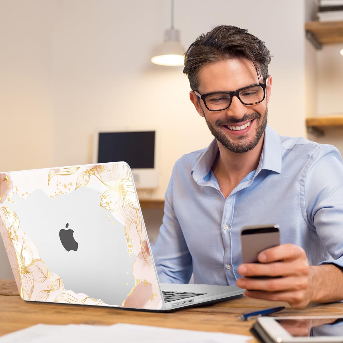 Teryeefi for MacBook Air 15 inch Case M4 M3 M2 Chip 2025 2024 2023 Released Model A3241 A3114 A2941, Designed Hard Shell Cover & Screen Protector & Keyboard Cover- Art Gold Floral Line