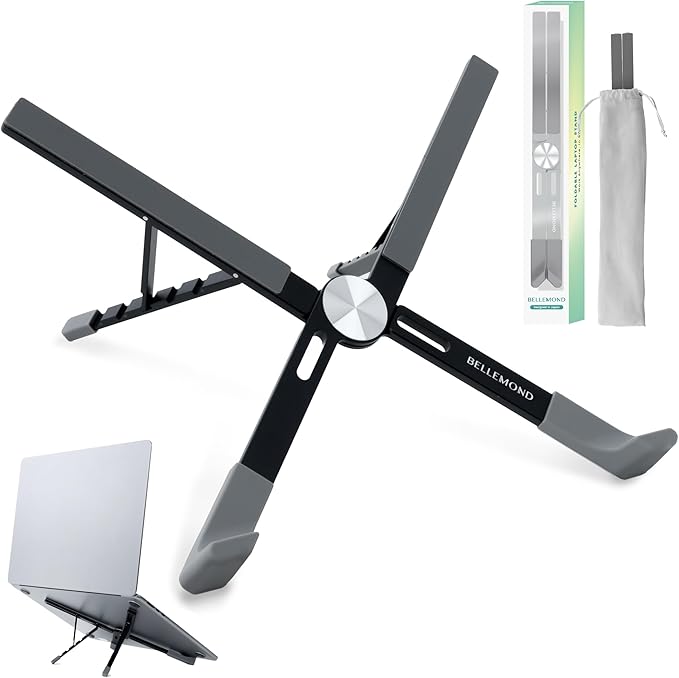 BELLEMOND | X-Shape Laptop Stand – Adjustable Aluminum Riser, 5 Height Levels, Lightweight & Foldable, Ventilated, for Laptops and Tablets up to 17.3" | Midnight Black