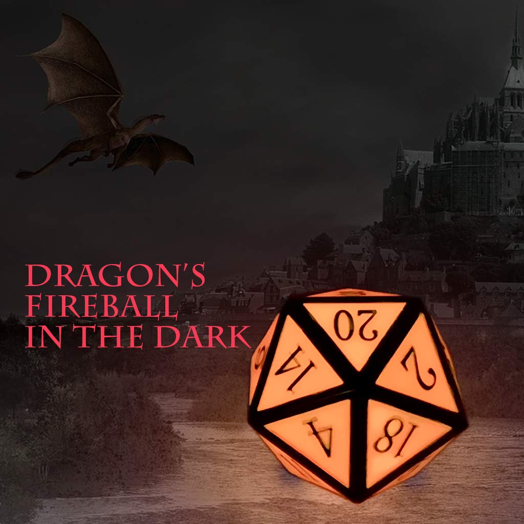 Haxtec Gold Glowing Red Metal DND Dice Set Glow in the Dark Enamel D&D Dice with Dragon Eye Leather Dice Bag Compatible with Dungeons and Dragons TTRPG Gift for DND Lovers DM Masters