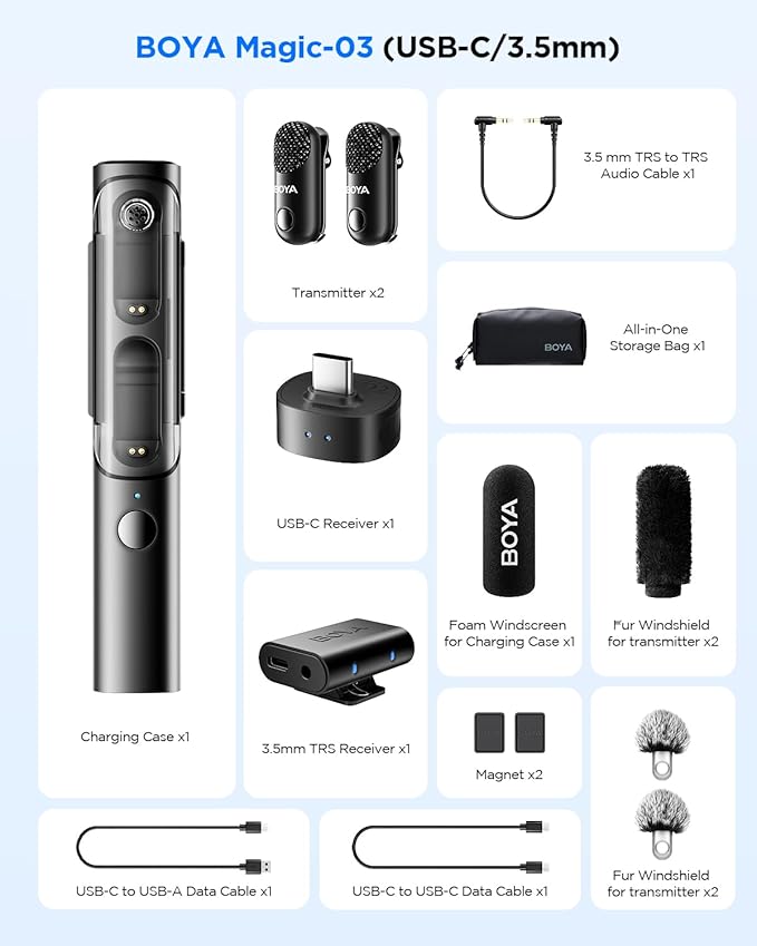 BOYA Magic-03 Wireless Lavalier Microphone, 30Hrs Battery,328FT Los Range, Safety Track &Limiter, Portable Wireless Mini Lapel mic for USB Type-C Android iPhone 16/15 Camera Camcorder Vlog Podcast