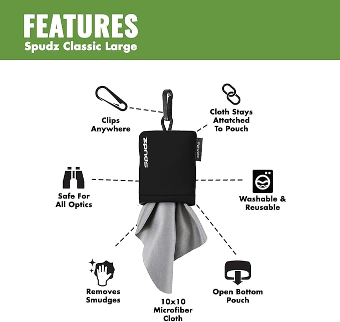 SPUDZ Classic Microfiber Lens Cleaner – Clip-On Pouch, Washable – for Binoculars, Scopes, Glasses, Screens | Brookie, 6 x 6 Inch (2-Pack)
