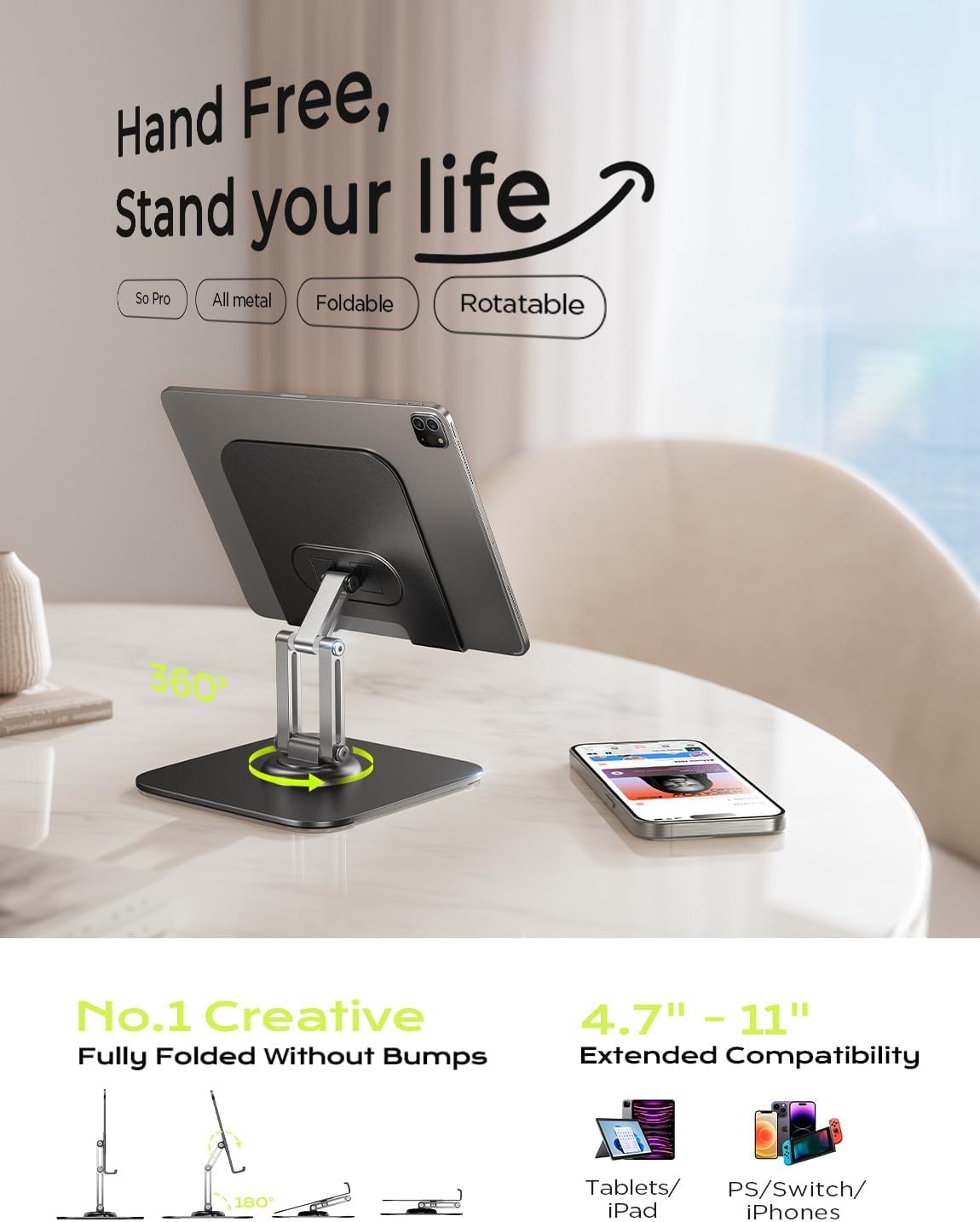 LISEN for iPad Stand Holder All Metal Foldable Adjust Tablet Stand for Desk