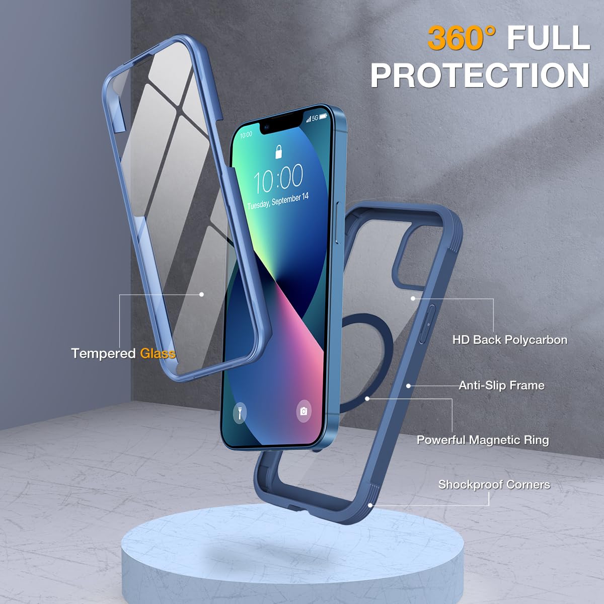 Miracase for iPhone 13 mini Case 5.4",Full-Body Protection,Clear Bumper Case with Built-in 9H Tempered Glass Screen Protector,Military-Grade Drop Protection Outdoor Phone Case for 13 mini,Dark Blue