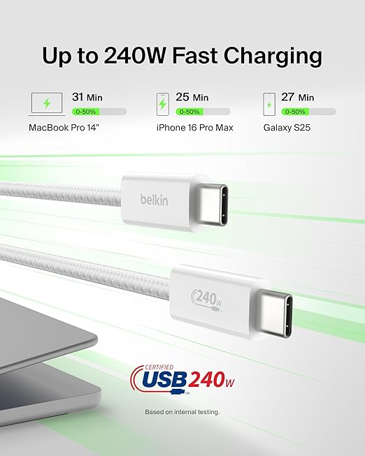 Belkin USB C to USB C Cable 2-Pack, 6.6ft, 240W - Type C Charger, iPhone Charger Cord, Soft, Braided, Flexible for iPhone 17, Galaxy S25, Pixel 10, MacBook, Chromebook, iPad Pro, Switch – White