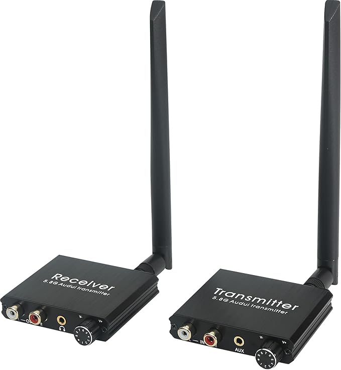 5.8GHz Wireless Audio Transmitter Receiver,164Ft/50M Long Range 18ms Low Latency, RCA / 3.5mm AUX Input/Output with Volume Adjustment Knob, Used for TV/PC/CD/Power Speaker/Soundbar/Headphones