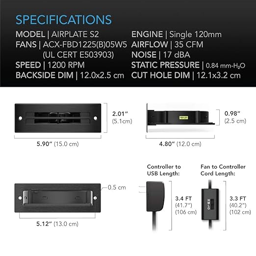AC Infinity AIRPLATE S2, Quiet Cooling Blower Fan System 6" with Speed Control, for Home Theater AV Cabinets