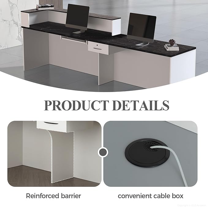 Reception Desk with Counter, Modern Front Desk Reception Counter with Keyboard Tray, Lockable Drawer and Storage Shelves for Office, Retail, Salon (White+Black/Left, 71" L*24" W*39" H)