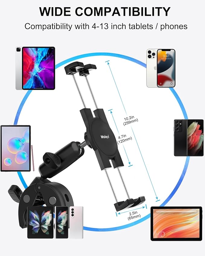 Metal iPad Tablet Mount for Boat Helm, Wheelchair Pole, Golf Cart, Stroller, Mic Stand, Fitness Bike, Road Mountain Bicycle - 360° Adjustable Handlebar Clamp for 4.7-13" iPad Pro, Air, Mini, Galaxy