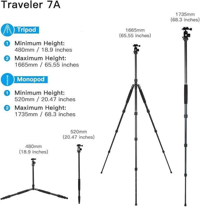 SIRUI Traveler 7A 65.55'' Aluminum Camera Tripod, E-10 Panorama Ball Head and Arca Swiss Quick Release Plate,Load Up to 17.6 lbs,Convertible to Monopod
