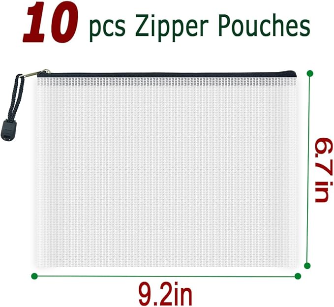 AUSTARK 10 Pcs Zipper File Bags, Waterproof Plastic Mesh Pouch for Office School, Board Game Storage Bags (A5 Size 9.2''x6.7'', White and Black)