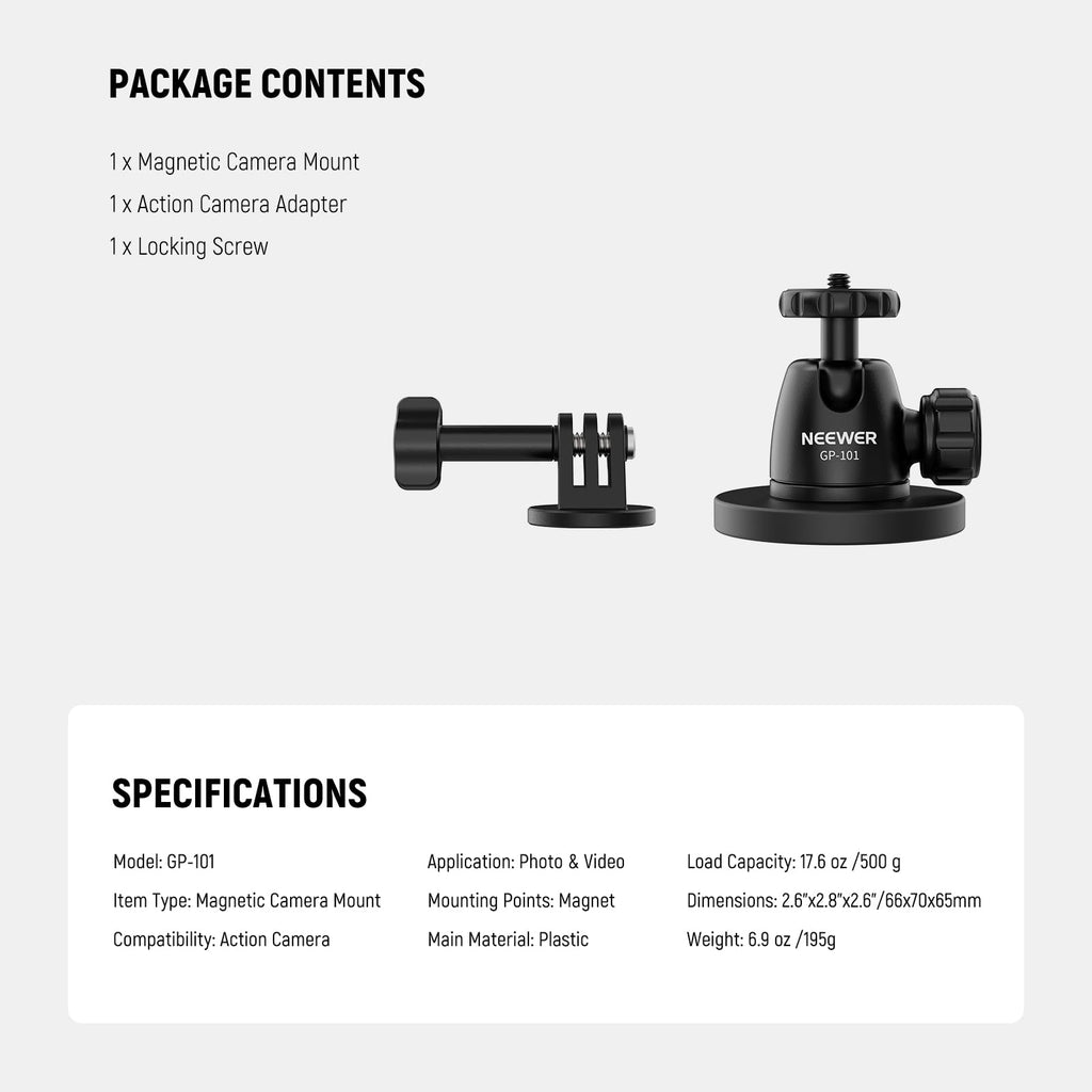 NEEWER Basics Magnetic Action Camera Mount for Car Video Recording, GP-101