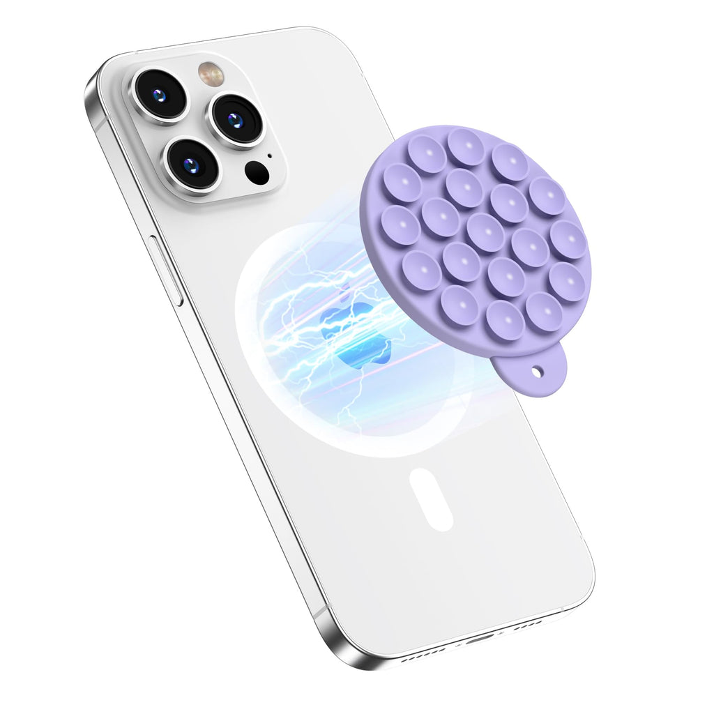 HSAOHD Magnetic Suction Cup Phone Mount with MagSafe, Silicone Hands-Free Grip Holder for iPhone Case and Android, Mirror Shower Phone Stand for Makeup FaceTime Gym Kitchen Bathroom, Lilac Purple