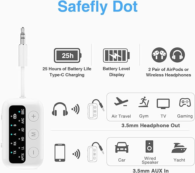 1Mii SafeFly Dot Bluetooth 5.3 Transmitter Receiver for up 2 Headphones,AptX Low Latency/HD,Plane Travel Essentials,Wireless Audio Bluetooth Airplane Adapter for Flight,TV,Car,PC(White)