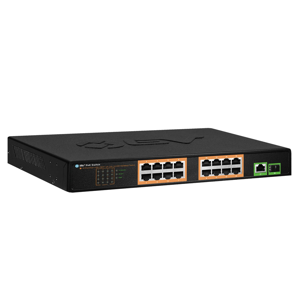BV-Tech 16-Port PoE+ Switch with 1 Gigabit & 1 SFP Uplink, 120W