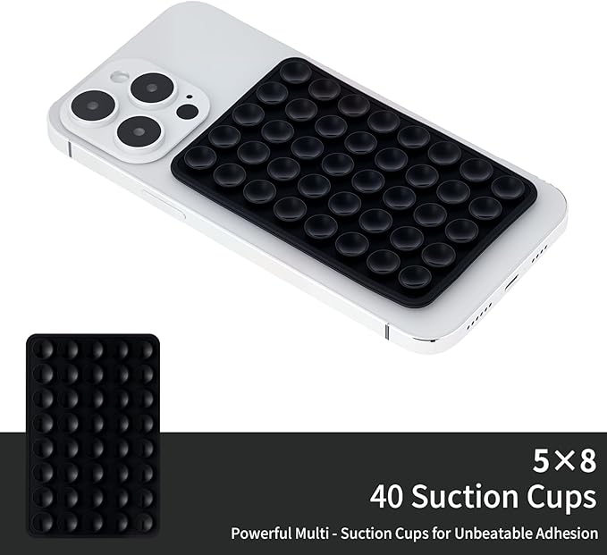 2 Pack Silicone Double-Sided Suction Grip – 40 Cups per Side, Strong Hold for iPhone, Galaxy, Pixel, Android – Hands-Free for Selfies & Videos (Black)