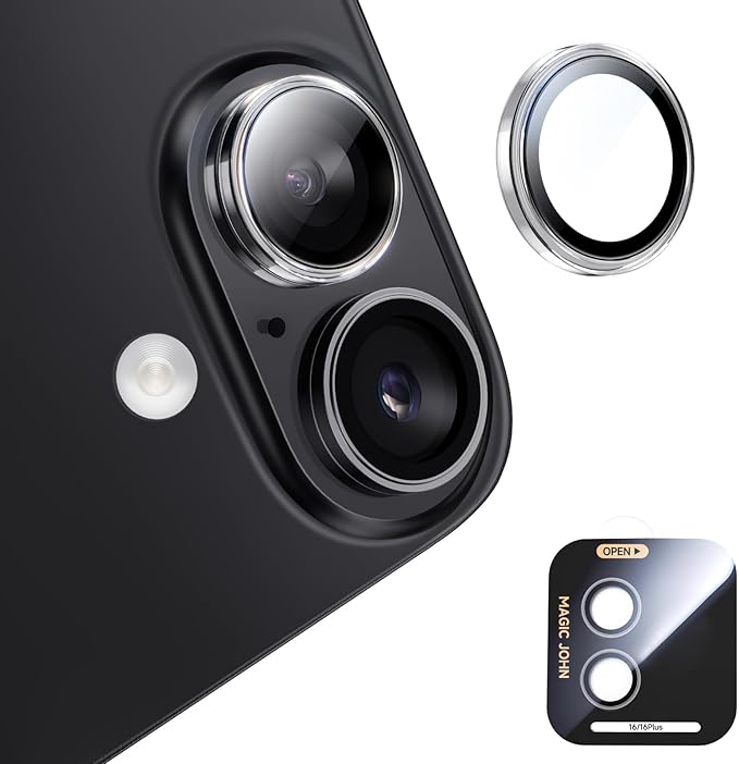 MAGIC JOHN for iPhone 16Plus/16 Camera Lens Protector [Alignment Kit&1:1 Invisible Perfect Fit] 9H Aerospace Tempered Glass Anti-Scratch Durable, Individual Cover Ring, Case Friendly, Set of 2, Clear