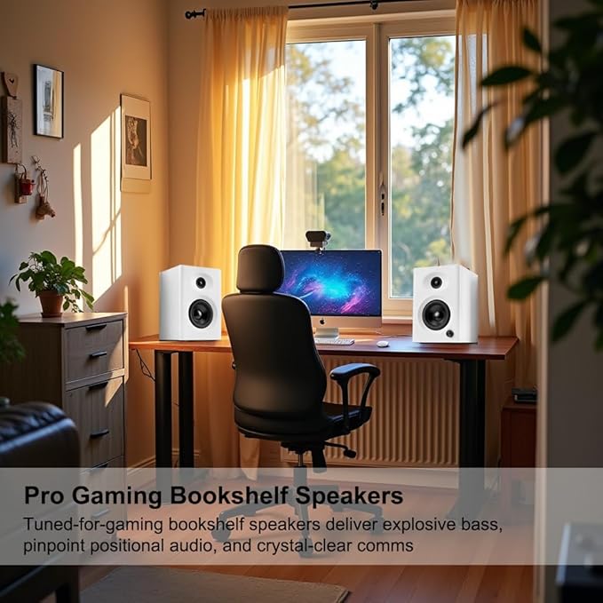 Computer Speakers for Desktop PC, 60W Powerful Sound with Deep Bass & Clear Treble – Compact Active Bookshelf Speakers for Home Office, Laptop, Music, Monitor (White, Pair)