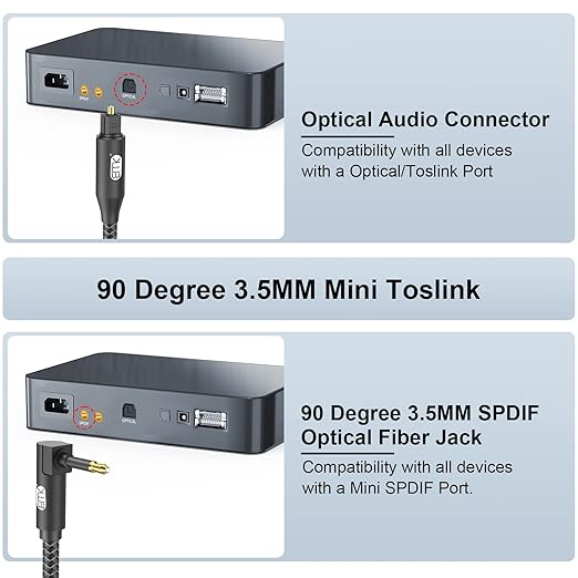 EMK Premium 90° Right-Angle Mini Toslink Cable (6Ft/2M) - 3.5mm Optical Digital Audio Cable for Sound Bars, TVs & Home Theater - SPDIF/Toslink Compatible, Black