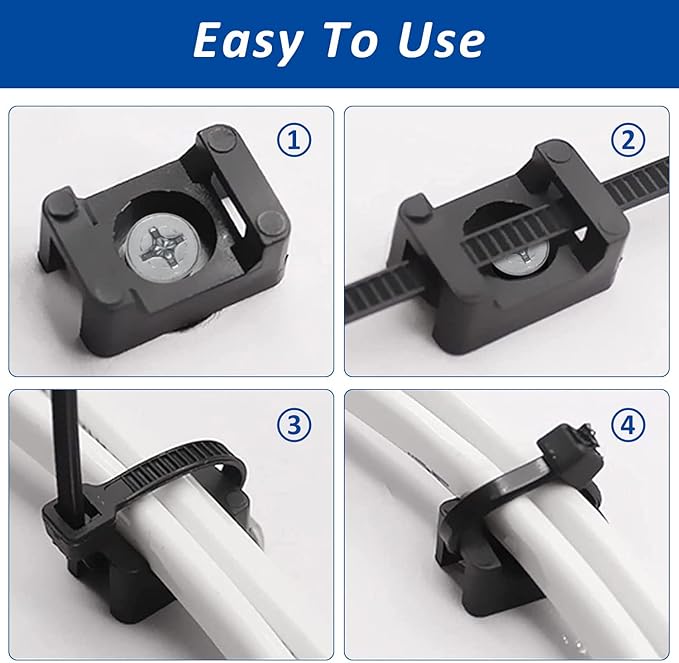 Cable Zip Tie Mounts Kit - 120 Set Wire Cable Clips Organizer Holders with 8" Cable Ties, Saddle Type Mounts Base and Tapping Screw, Black