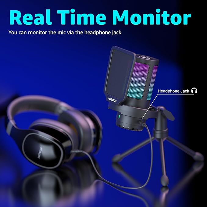 IXTECH USB Gaming Microphone for PC, RGB Condenser Microphone with Tripod Stand, Pop Filter, Rotate Gain Button, and Quick Mute, Noise Cancellation Computer Mic for Streaming, Gaming, Podcasting