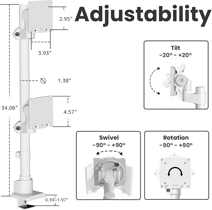 Dual Monitor-Arm Heavy Duty Ultrawide - 24-57 inch Vertical Dual Monitor Mount, Adjustable Stacked Double Monitor Desk Mount Stand, Max Load 59.4 lbs (per Screen), VESA 75/100 mm, White