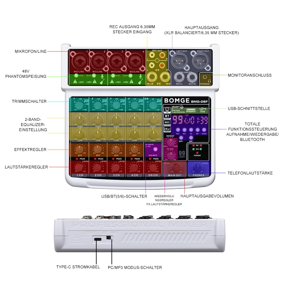 BOMGE 6 Channel mini DJ Audio sound mixer console with USB interface, Bluetooth, Stereo Recording, 48V Phantom Power, 99 DSP effects for karaoke, singing, live，streaming，pc recroding. (white)