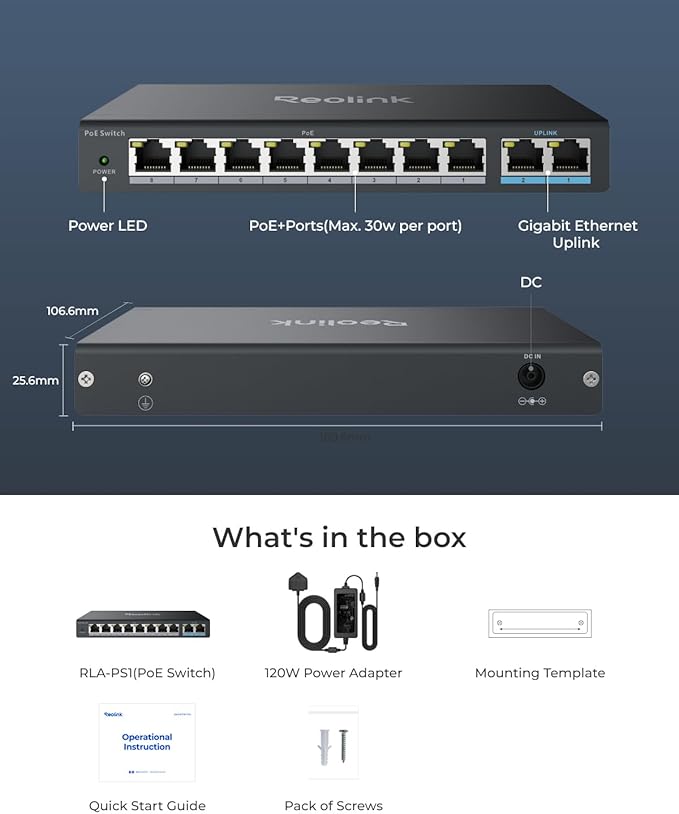 REOLINK PoE Switch with 8 PoE and 2 Gigabit Uplink Ports, Ideal for REOLINK RLN36 NVR and Power Over Ethernet IP Cameras, IEEE802.3af/at, Metal Casing, Desktop/Wall Mount, RLA-PS1