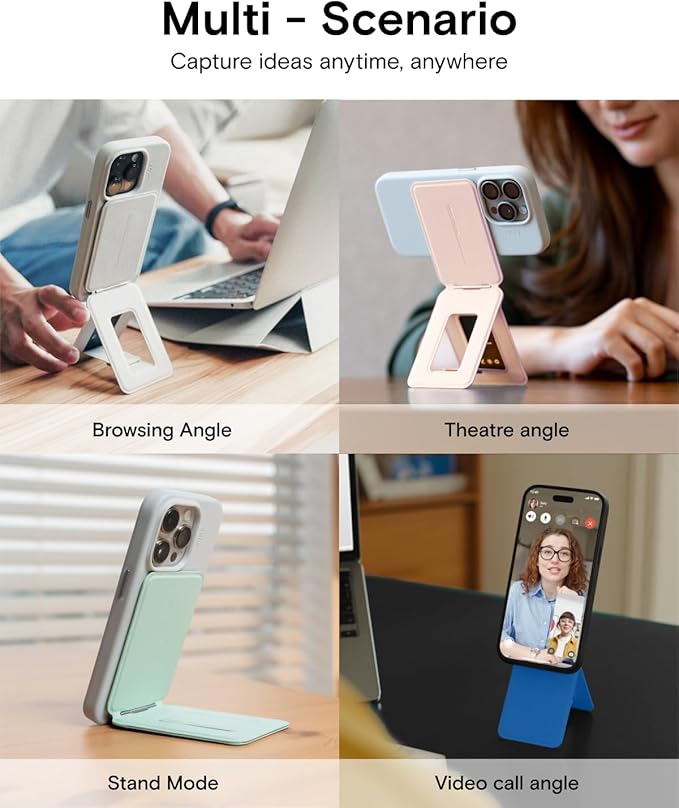 MOFT Phone Stand, Magnetic Phone Tripod Stand Stain-Resistant MOVAS Leather & Angle Adjustment & Strong Magnets Tripod for iPhone 16/15/14/13/12 (Included Metal Ring)-Blush