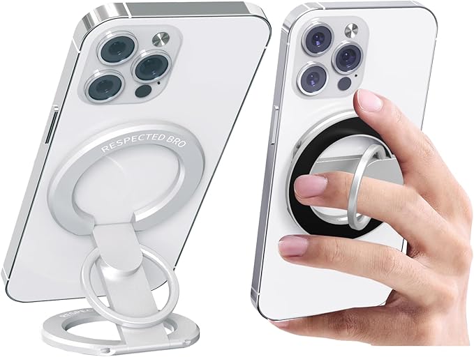 Magnetic-Phone-Ring-Holder with Dual Rings, Compatible with iPhone 16/15/14/13/12, Multifunctional Stand for Desk,Office,Gym,Kitchen & All Metal Surfaces, Finger Loop Grip (Silver)