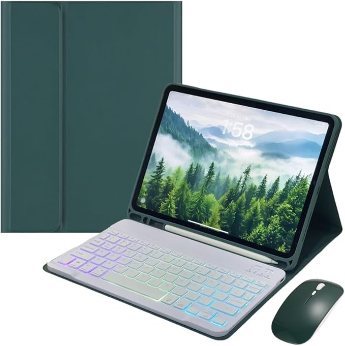 for iPad 9.7 inch 6th/5th Generation, Air 2, Air, iPad Pro 9.7 Keyboard Case with Mouse and Rainbow Backlit Detachable Bluetooth Keyboard Cover,Dark Green+White