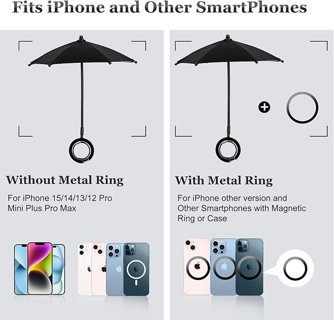 Magnetic Umbrella Phone Stand for Sun Protection,Adjustable Sun Shade Shield for iPhone 16/15/14/13/12 Pro Max,Samsung & Google,Detachable Ring Stand,Heat-Resistant Design,Car Mount Compatible, Black