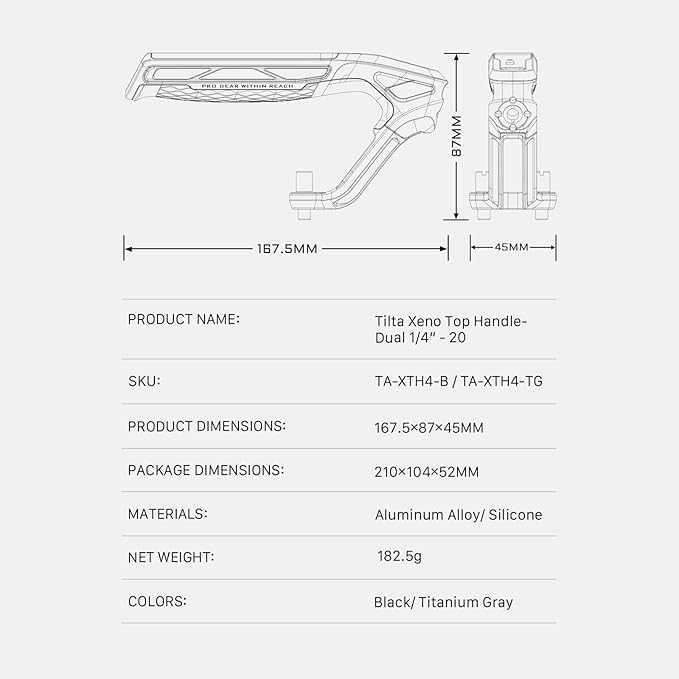 Tilta Xeno Top Handle for Filmmakers & Cameras-Titanium Gray | Aluminum Alloy and Silicone Build | 1/4″-20 Threads w/Locating Points | Safety Release Pin | Comfortable Handling (Dual 1/4"-20)