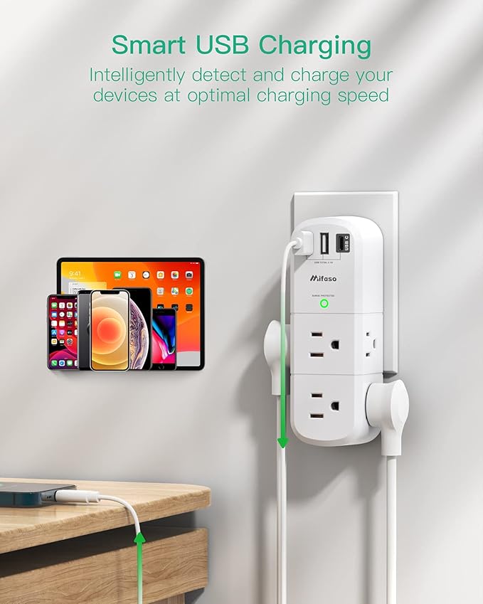 Surge Protector USB Outlet Extender, 6 AC Multi Plug Outlet and 3 USB Ports (1 USB C), 3-Sided Swivel Power Strip Outlet Splitter for Home, Dorm Room Essentials (2 Pack)