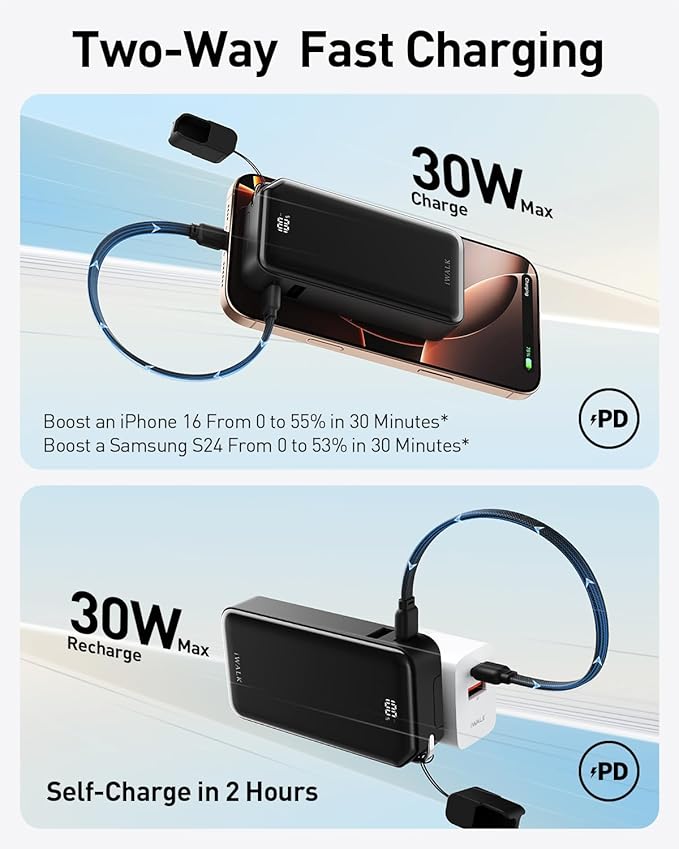 iWALK Portable Charger, Ultra Small 10,000mAh 30W PD Power Bank, USB C in&Out Fast Charging Battery Pack with Stand, Travel Essential Phone Powerbank for iPhone 16/15 Pro Max, Samsung S25/S24 Series