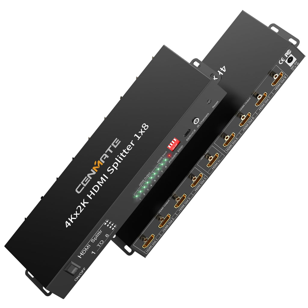 CENMATE 4K 1x8 HDMI Splitter 1 in 8 Out, 8 Port HDMI Splitter Support 4Kx2K@30Hz Duplicate/Mirror, HDM 1.4, EDID, HDCP, 3D Video Play for Projector, HDTV