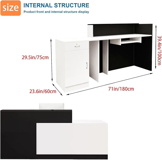 Reception Desk with Counter Modern Checkout Counter with Lockable Drawer Keyboard Tray Receptionist Desk for Office Salon Reception Table R Right 71inch/180cm